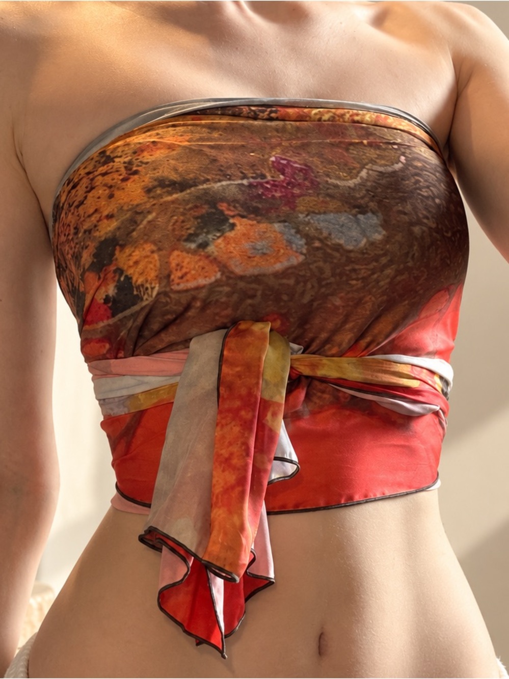 Silk-Feel Orange Red Bandeau Wrap Top